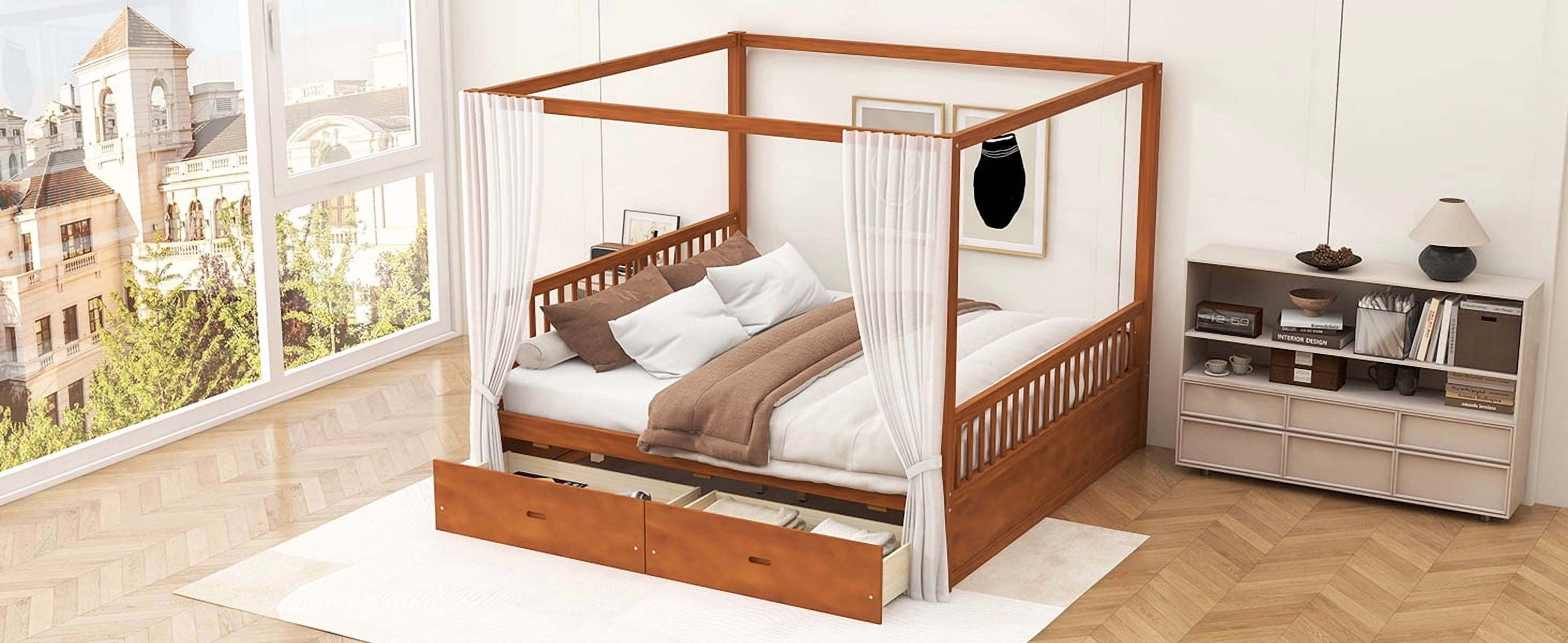 Mintazer King Size Canopy Bed with 2 Storage Drawers, Platform Bed Frame with Slatted Guardrails, No Box Spring Needed, Walnut