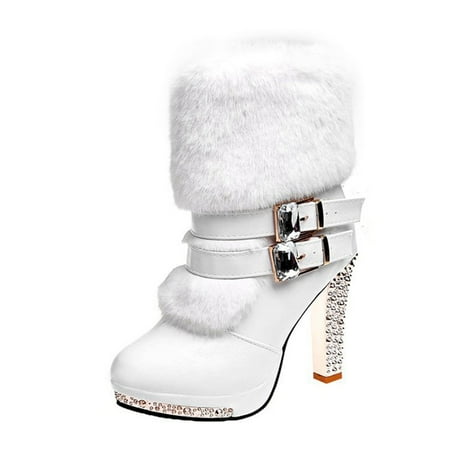

Paiwinds Boots for Women Fashion Women High Heels Zipper Plush Keep Warm Snow Short Boots Round Toe Shoes White