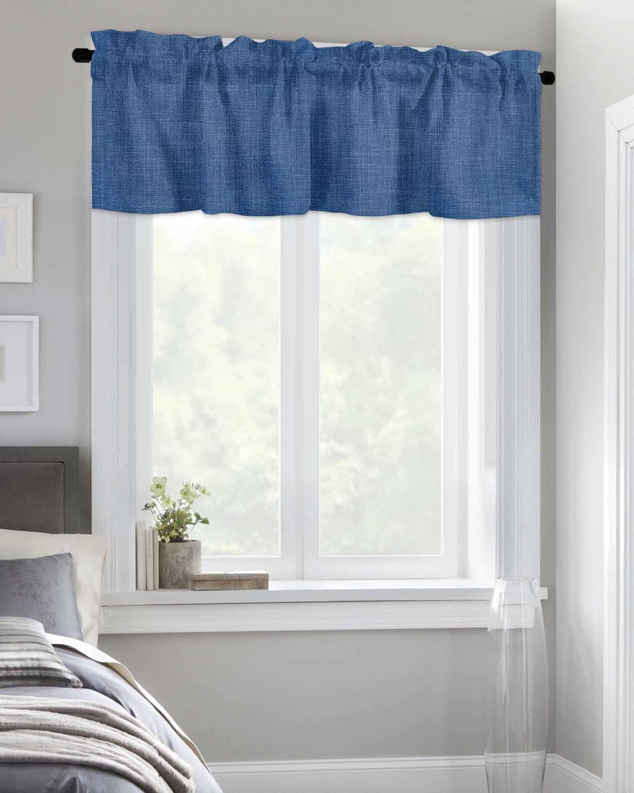 Kitchen Curtain Valances for Windows,Retro Farm Linen Flax Rod Pocket Small Valance Blue Solid Color Ocean Short Window Treatment for Bedroom Bathroom Living Room,54"x18"