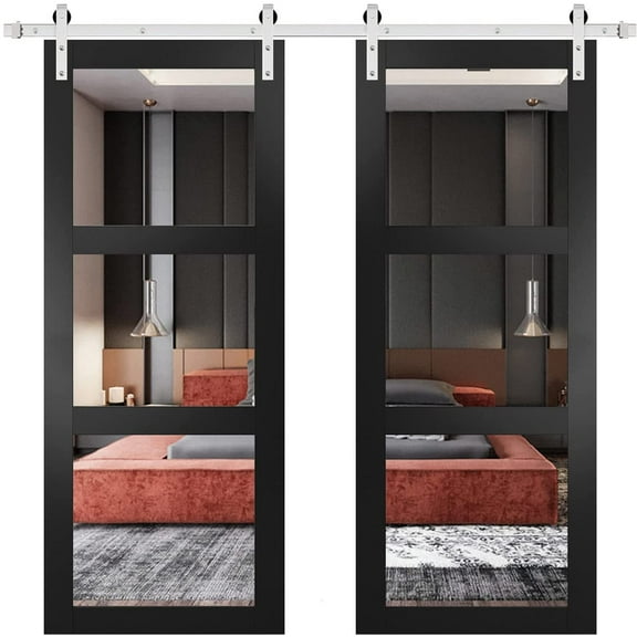 Lucia 2555 Matte Black, Double Barn Door with Clear Glass, Silver 13FT - 56" x 80"
