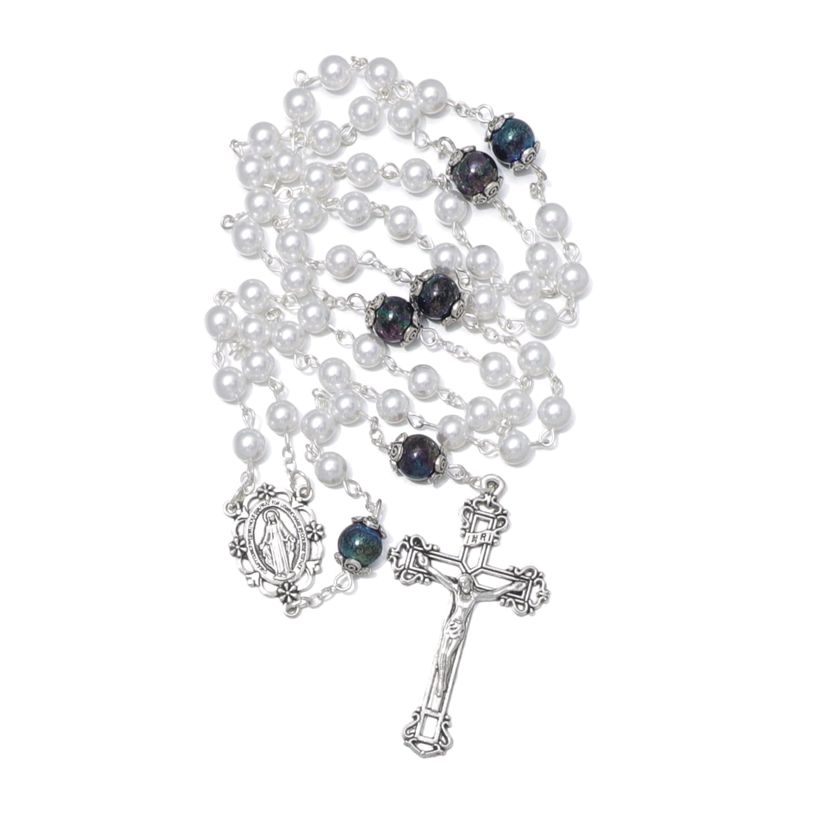 KOMI 6mm White Pearl Rosary Beads Catholic for Women Virgin Mary Rosaries Necklace with Rosary Pouch Catholic Gifts