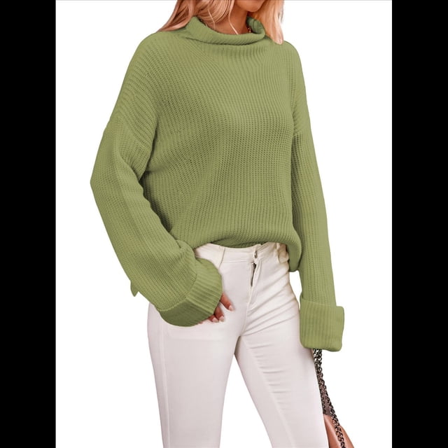 Suéteres de Cuello Redondo para Mujer, Conjuntos de Otoño, Suéteres de Punto con Cuello Redondo y Abertura Lateral, Tops de Moda. Verde XL
