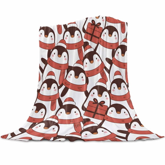 Cute Red Penguins Flannel Blanket for Bed,Travel and Camping, Christmas Cartoon Animals with Hat Scarf Super Soft Cozy Blanket for All Seasons 50"x60"