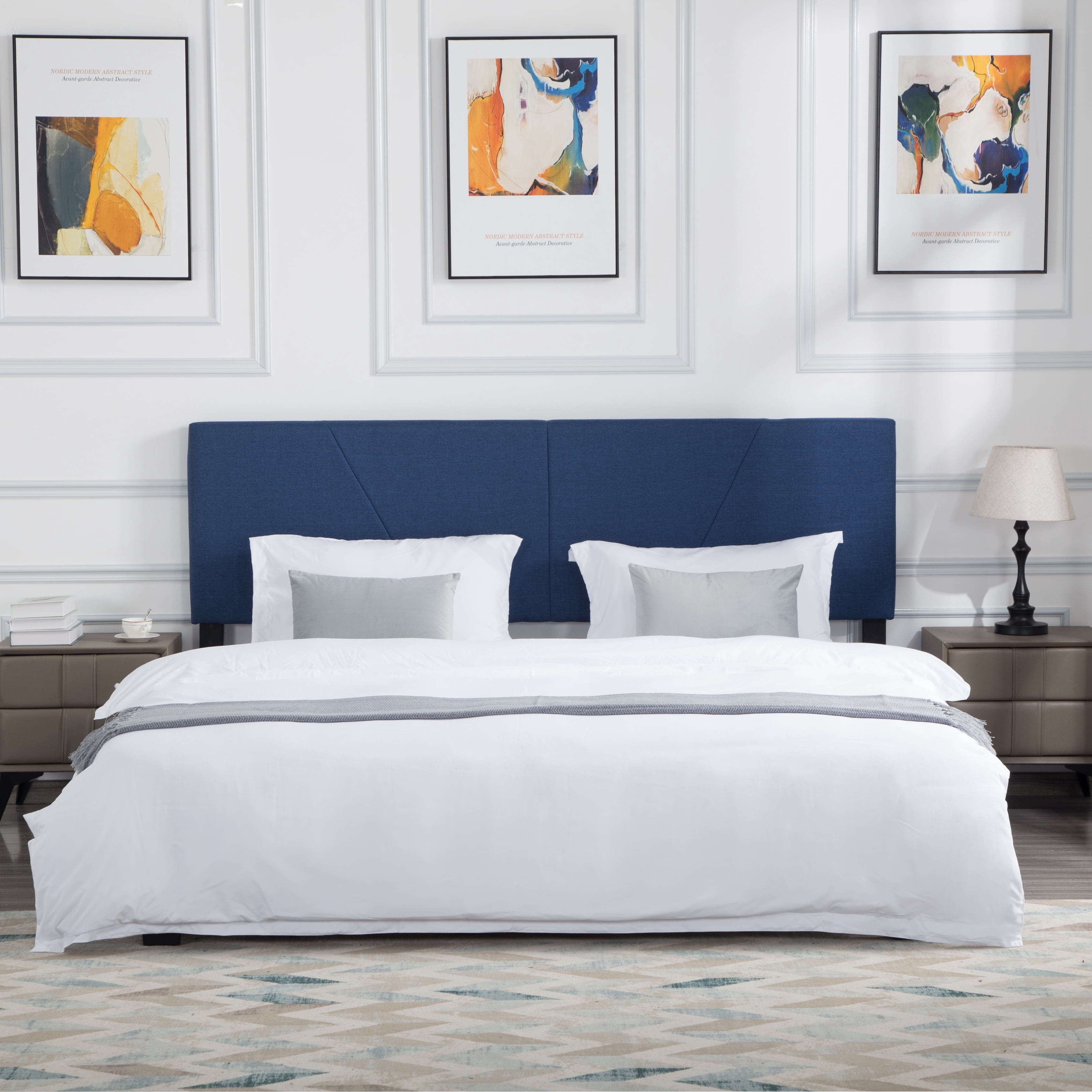 Gewnee King Size Platform Bed Frame with Upholstered Headboard, Mattress Foundation with Strong Wooden Slats Support Easy Assembly.Navy Blue