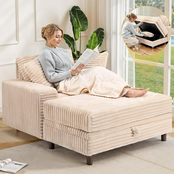 54" Chaise Lounge Chair Indoor, Multifunctional Oversized Chaise with Storage Ottoman and Pillows, Upholstered Sleeper Chair- Plush Sofa Bed for Living Room, Bedroom, Office, Khaki