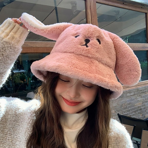 Babysbule Hats for Women Winter Women's Cute Rabbit Ear Hat Plush Thickened Warm Fashion Bucket Hat
