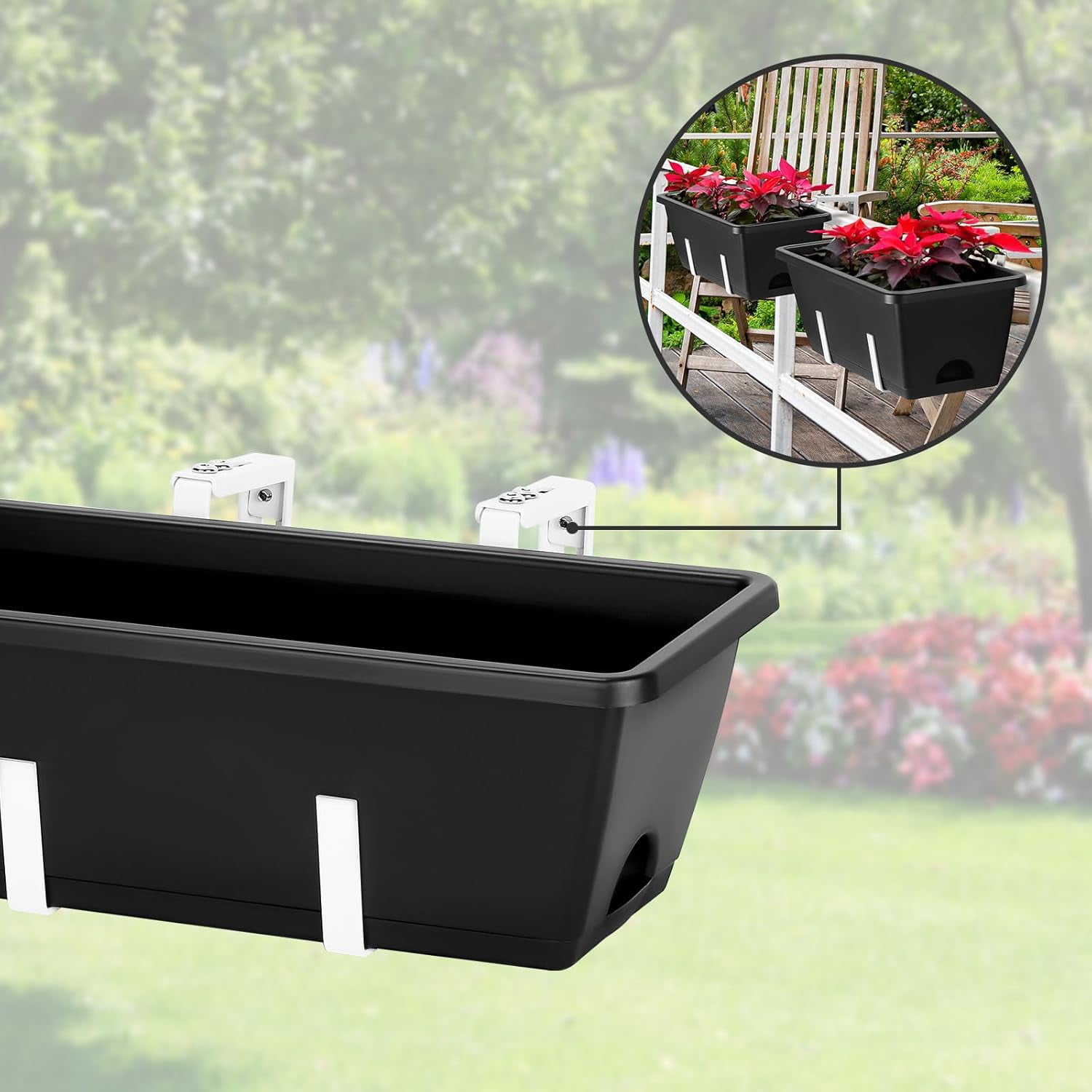 Railing Planter Box 4 Pack Window Boxes Planters with Flower Box Brackets, 17’’ Rectangle Balcony Deck Railing Hanging Planters for Outdoor Fence Garden Patio Plants
