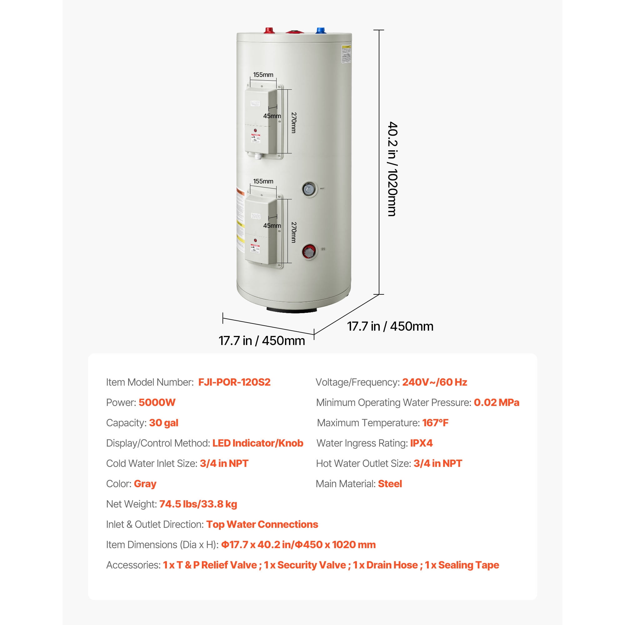 KFFKFF 30 Gallon Electric Tank Water Heater, 5000W Point-of-Use Hot Water System with LED Display, Knob Control, Top Outlet, 240V with T&P Valve for Homes and Small Businesses, Gray