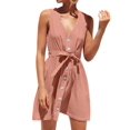 thumbnail image 3 of QAFOPEH Women Solid Color V Neck Buttons Tie Waist Sleeveless Mini Dress, 3 of 4