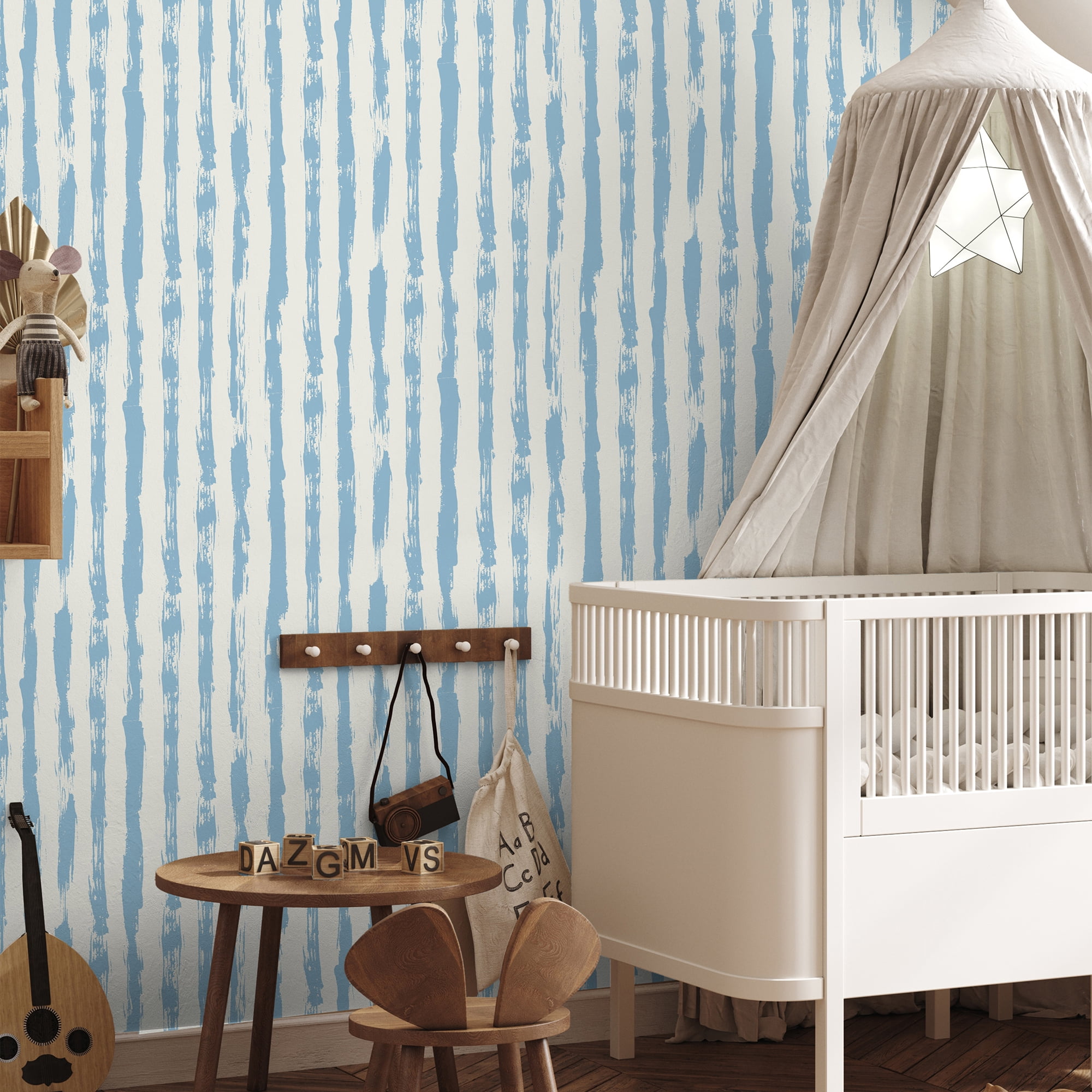 SimurgWallArts - Soft Blue Striped Peel and Stick Vinyl Wallpaper, Hand-Painted Style Nursery Mural, 19x118 in, 15,57 Sq. ft.