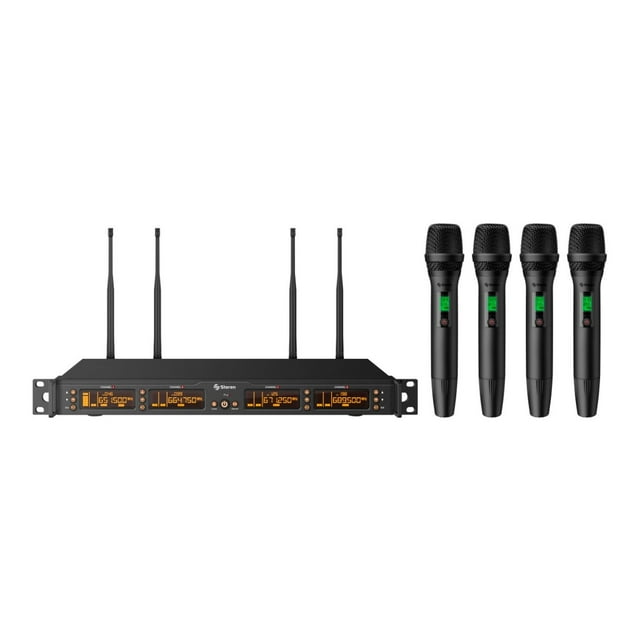 Sistema profesional STAGL de 4 micrófonos inalámbricos UHF con selector automático de frecuencia y b