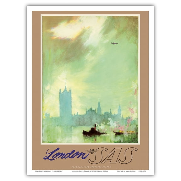London - River Thames - SAS Scandinavian Airlines System - Vintage Airline Travel Poster by Otto Nielsen c.1960s - Master Art Print (Unframed) 9in x 12in