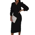 thumbnail image 2 of Fall Spring Women Dress - V Neck Bubble Sleeves Formal Business Style Slim Fit Solid Color High Waist OL Commuting Office Midi Dress, 2 of 8