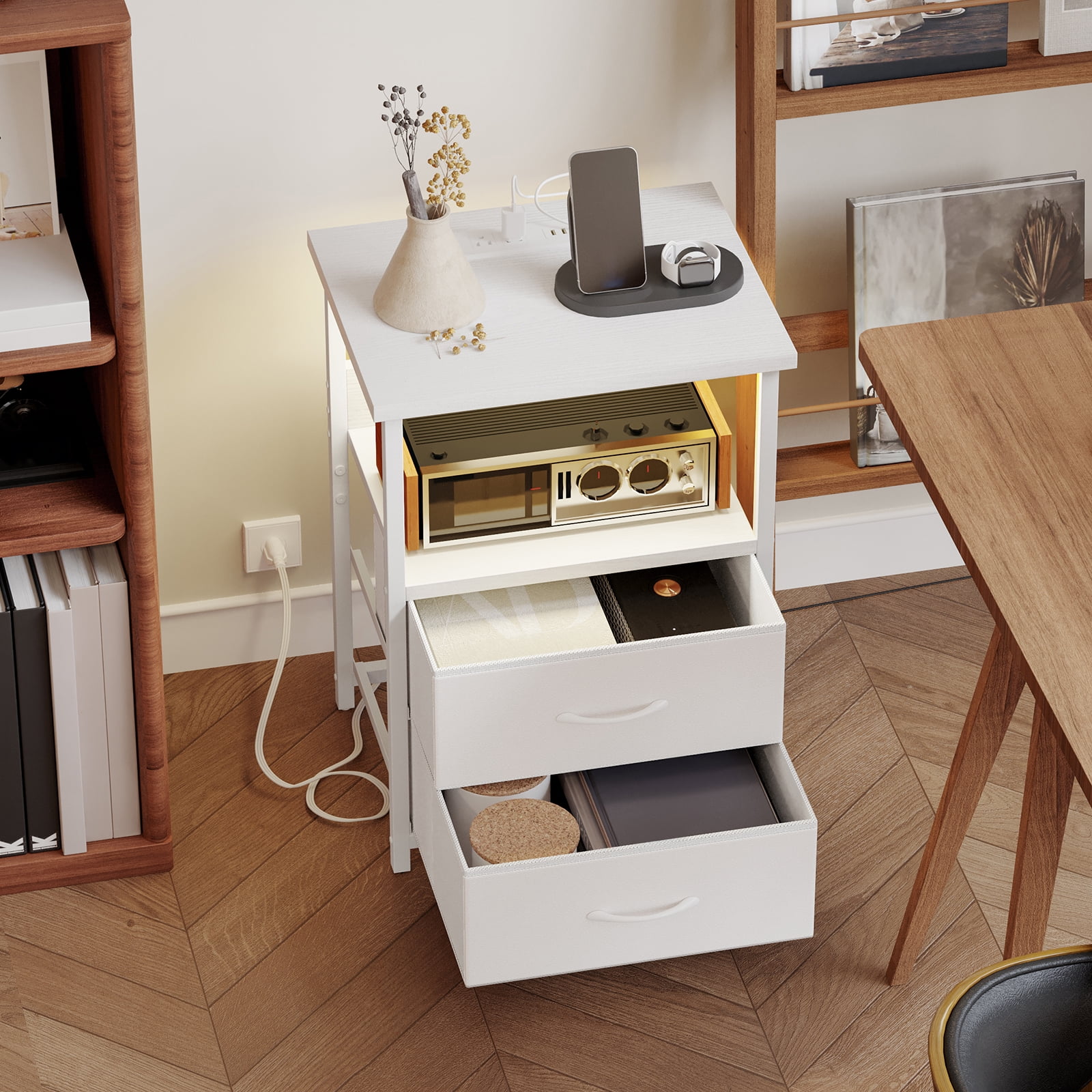 Tomnk Woo Nightstand Set of 2 Night Stand with Charging Station, LED Nightstand with Fabric Drawers, End Table with PU Finish, Bed Side Table, White