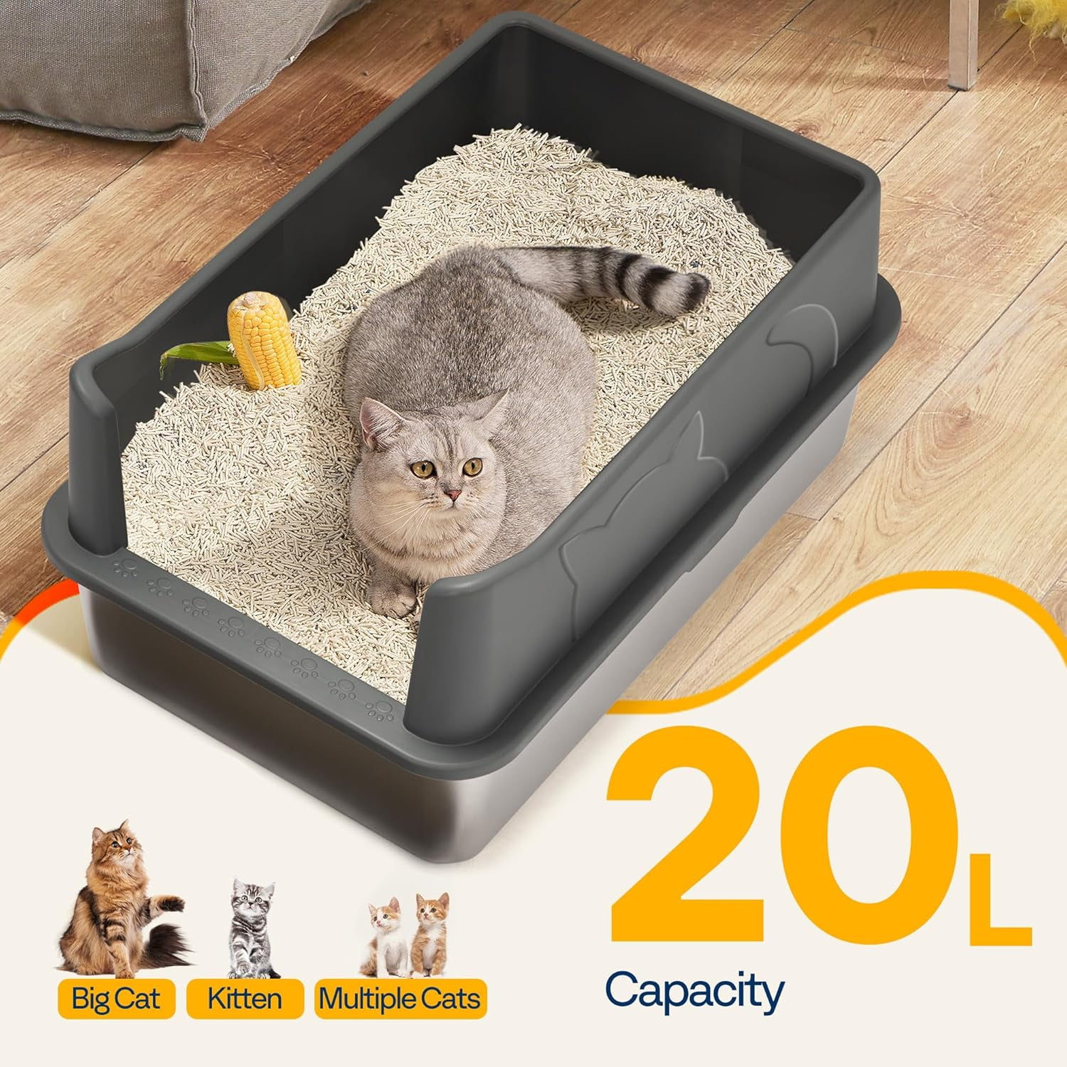 SPECSTAR Extra Large Stainless Steel Cat Litter Box, 23.6"x15.7" with Double Layer Litter Mat and Scoop, Dark Gray