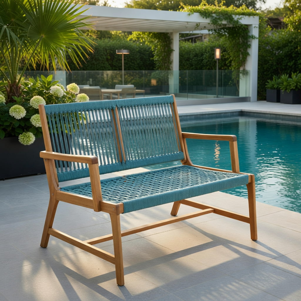Hommoo 2-Person Acacia Wood Outdoor Bench with Rope Weave Seat, Patio Bench for Backyard, Balcony & Poolside, Turquoise