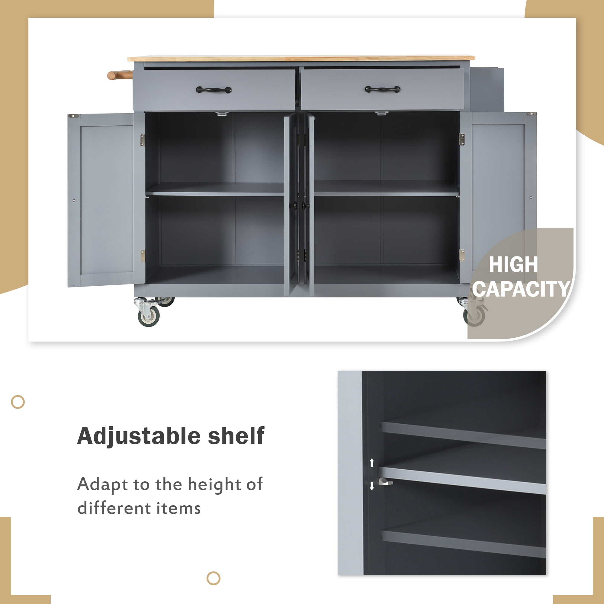 Euroco 54.3" Kitchen islands Cart with Storage on Wheels, Kitchen Cart with Spice Rack, Towel Rack,Adjustable Shelf and 2 Drawers for Dining Room