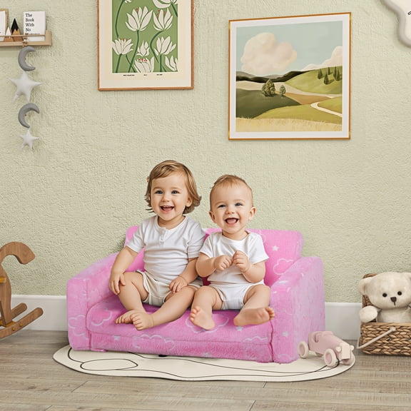 Qaba Kids Play Couch, 2 in 1 Kids Sofa with Glow in the Dark Cloud Pattern, Washable Cover, Fold Out Convertible Sofa for Playroom, Bedroom, Pink