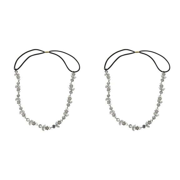 2X Hair Headband Elegant Elastic Headband with Rhinestones Flowers for Women - Silver