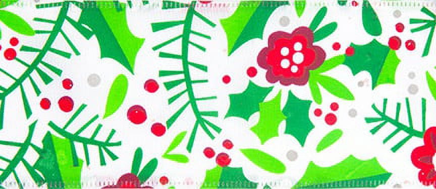 Cascade Satin Ribbon W/Wired Edge 2.5"X20yd-White, Red & Green W/Holly Flowers