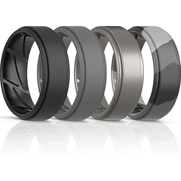 Silicone Wedding Rings for Men Breathable Airflow Inner Grooves - Step Edge Sleek Design Breathable Rubber Engagement Bands,Comfort Fit Ring - 8mm wide- 2mm Thick 4 Rings