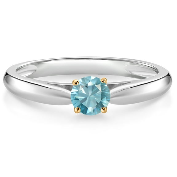 Gem Stone King 10K White and Yellow Gold Blue Zircon Solitaire Engagement Ring for Women (0.50 Cttw, Gemstone December Birthstone, Round 4MM, Size 5)