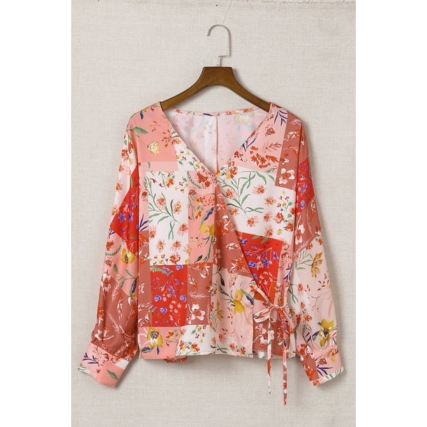 ABPHQTO Blusa de mujer con escote en pico y diseño de patchwork con estampado floral multicolor