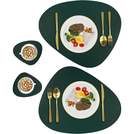

Faux Leather Placemats and Coasters Set Round Leather for Dinner Table Mats Heat Resistant Washable Insulation Coffee Mats Kitchen Place Mats (2 Placemats+2 Coasters)
