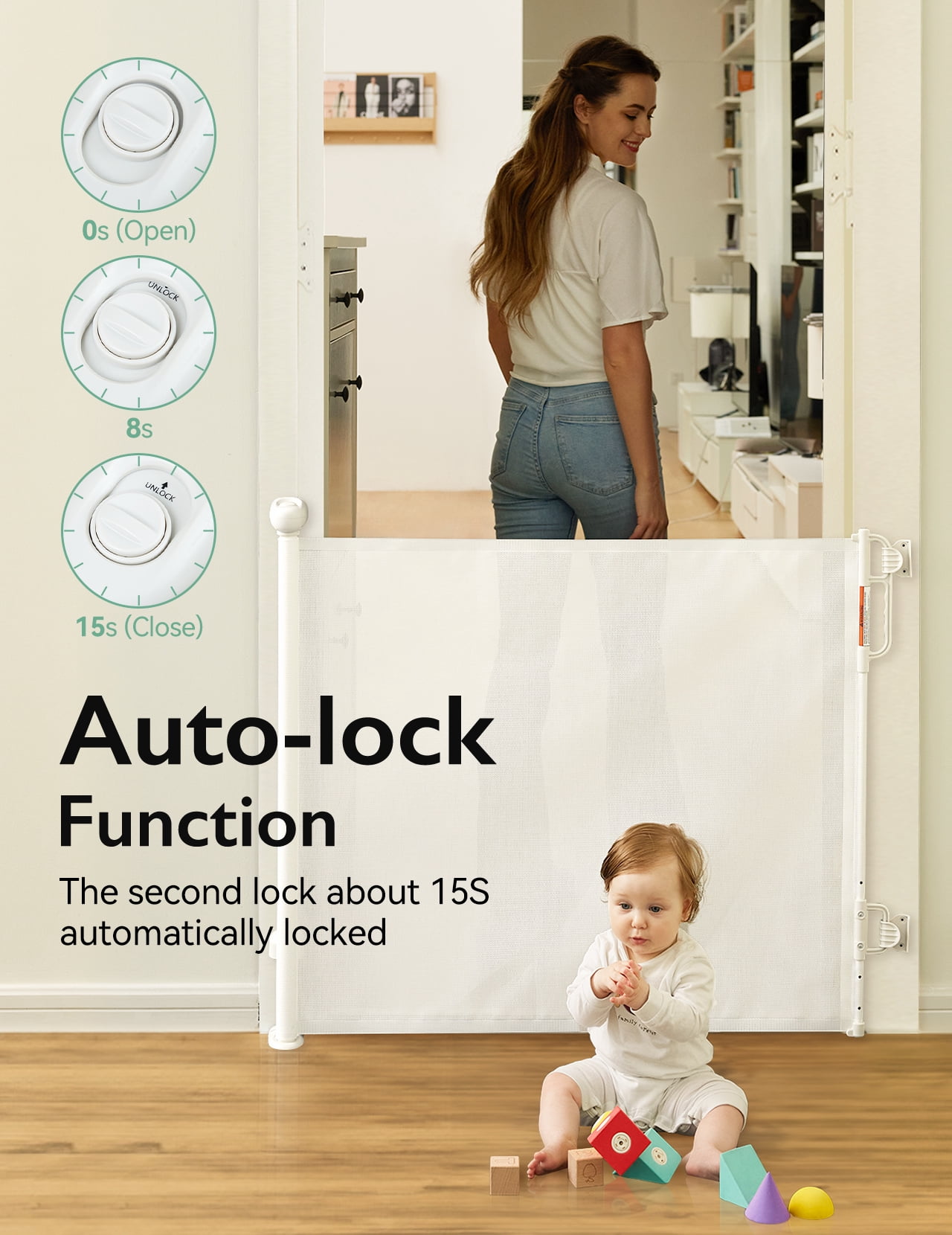 Momcozy Auto Lock Retractable Baby Gate, Stairs Safety Gate for Baby and Pet, 33" X 55", for Stairs, Doorways, Hallways