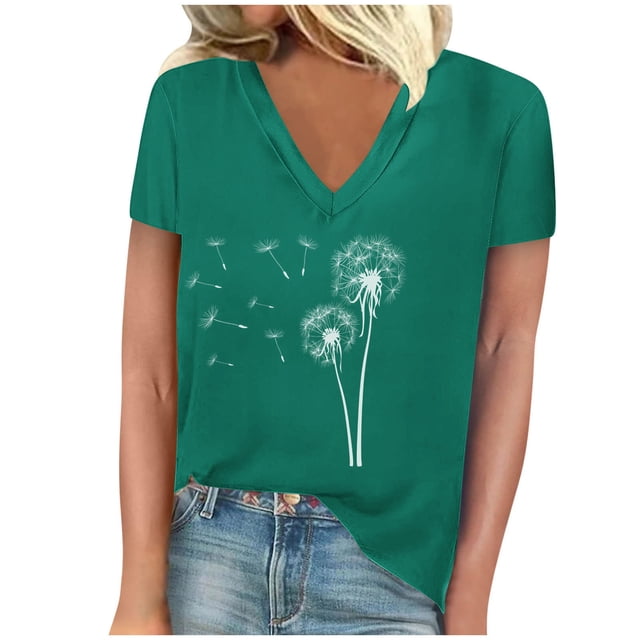 Camisetas de Manga Corta para las Mujeres, Impresión de Cuello en V Camiseta Casual Top Hecho de 95% Poliéster 5% Spandex para el Uso Diario de Primavera Verano, Camisetas para las Mujeres Casual