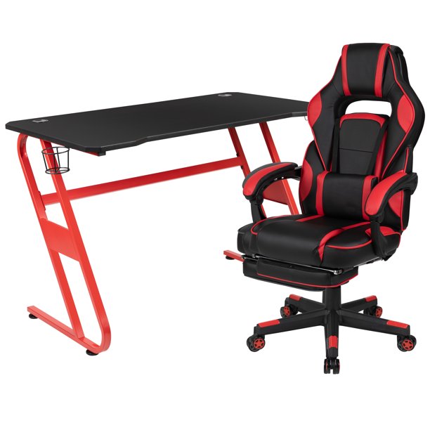 Gaming Desk with Cup Holder/Headphone Hook/Removable Mousepad Top & Reclining Back/Arms Gaming Chair with Footrest main image 0
