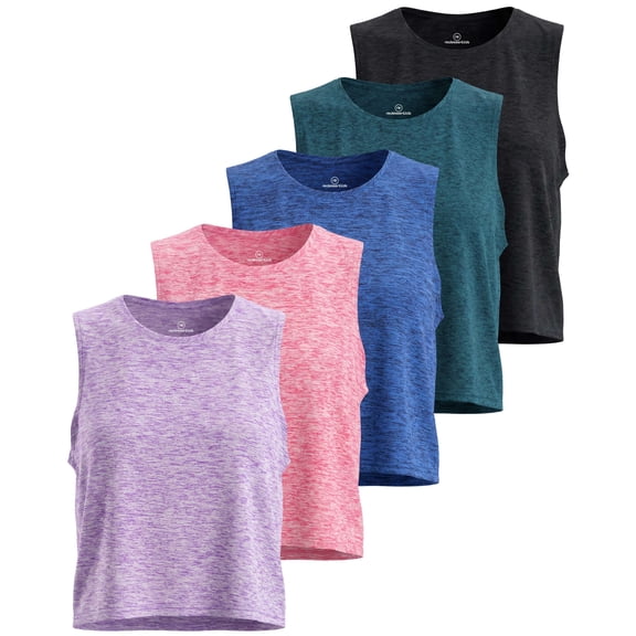 Real Essentials 5 Pack: Women's Dry Fit Crop Summer Tank Top - Gym Yoga Workout Sports Tee (Available in Plus Size)