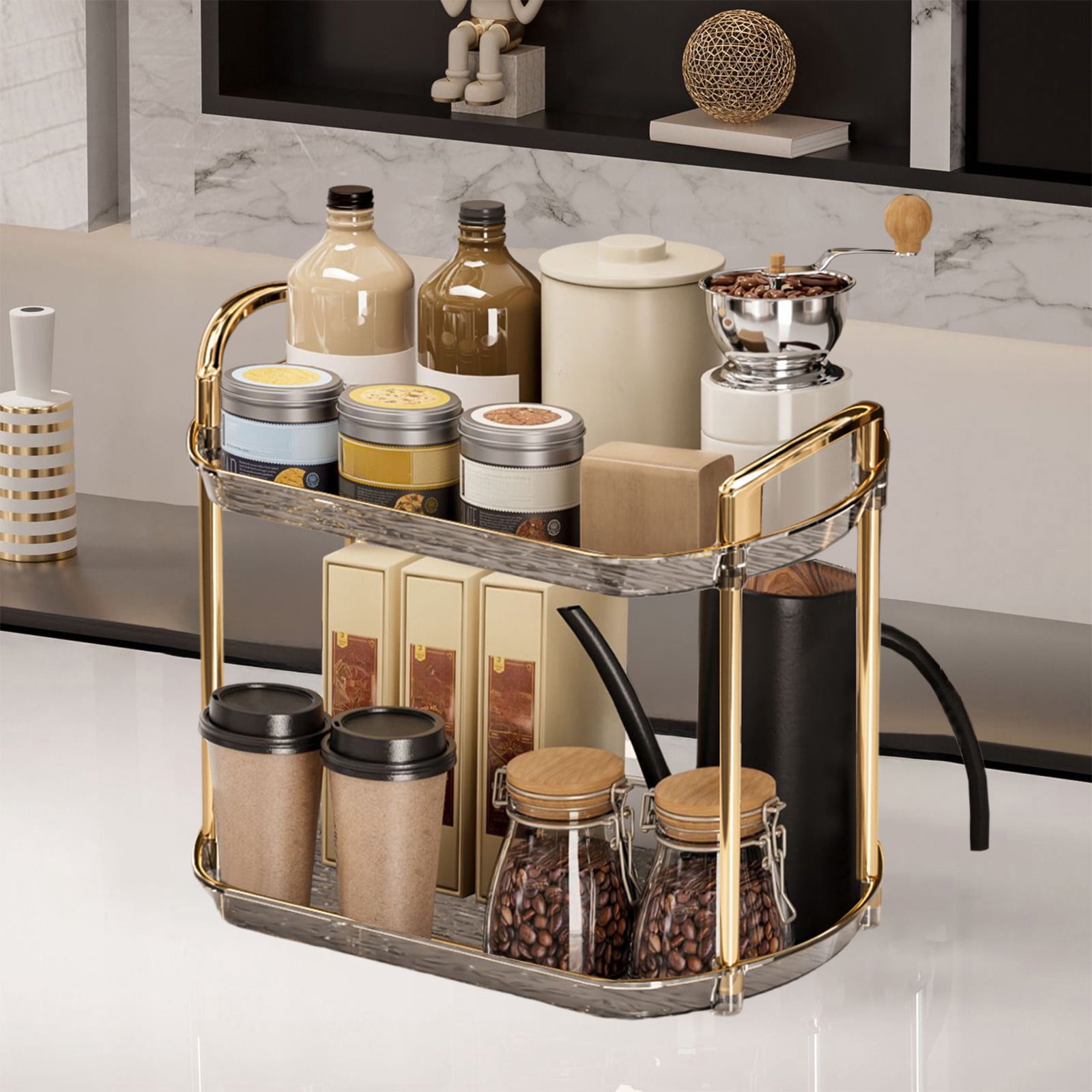 Étagère de comptoir en bois à 2 niveaux avec tiroir, plateau de courtoisie pour organisation et décoration, organisateur de comptoir pour salle de bain et cuisine Étagère de comptoir en bois à 2 niveaux avec tiroir, plateau de courtoisie pour organisation et décoration, organisateur de comptoir pour salle de bain et cuisine