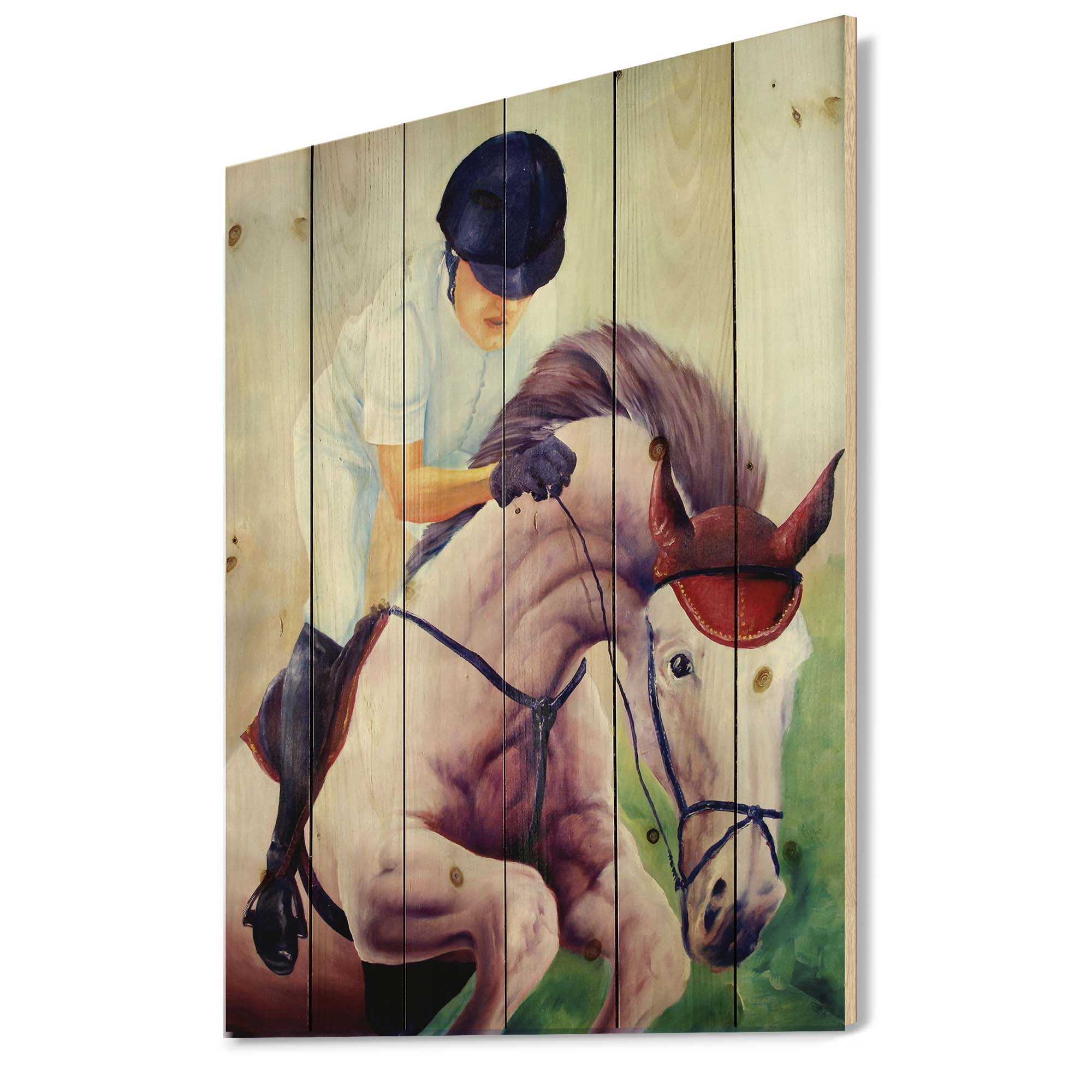 Designart 'Jockey On Galoping Pink Horse' Farmhouse Print on Natural Pine Wood