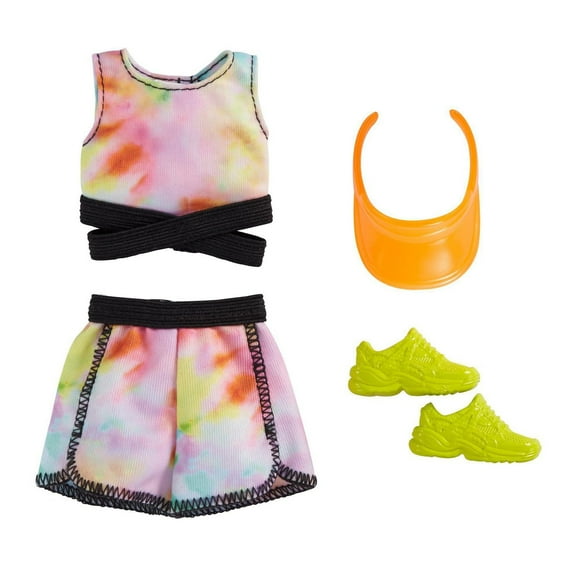 Coffret Tenue Barbie comprenant haut athlétique et short tie-dye, visière orange et espadrilles jaunes, vêtements pour poupées,