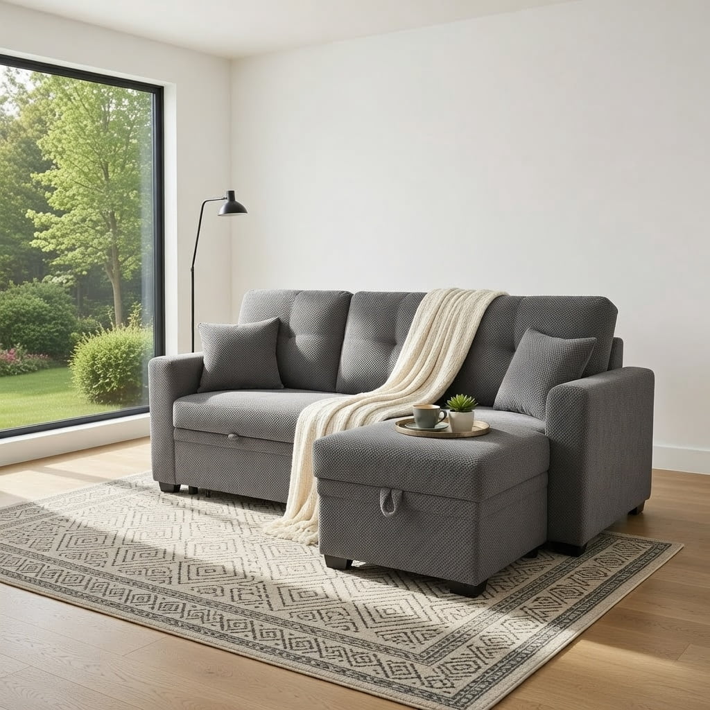 Hommoo Mid-Century Modern L-Shaped Sleeper Sectional Sofa with Pull-Out Bed, Reversible Chaise & Hidden Storage, Convertible Living Room Furniture for Small Spaces, Light Gray