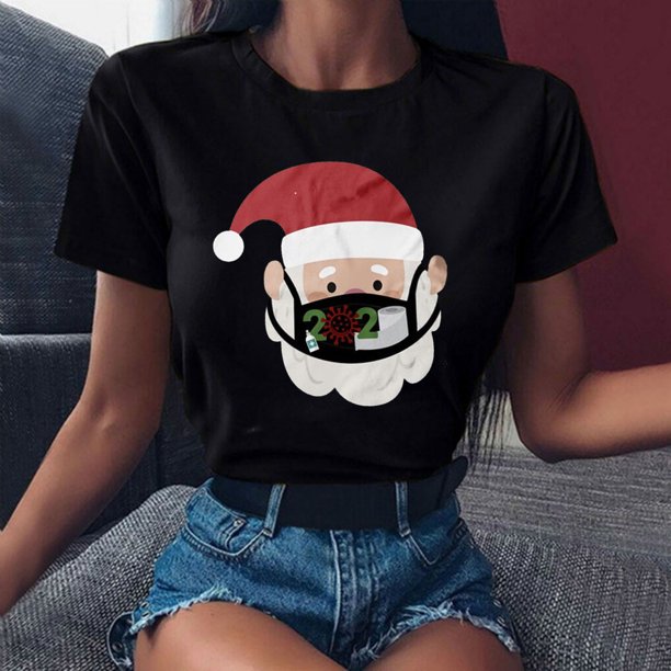 Pntutb Navidad Mujer Moda O-cuello Manga corta Casual Linda camisa de vacaciones Pntutb Pntutb-2145