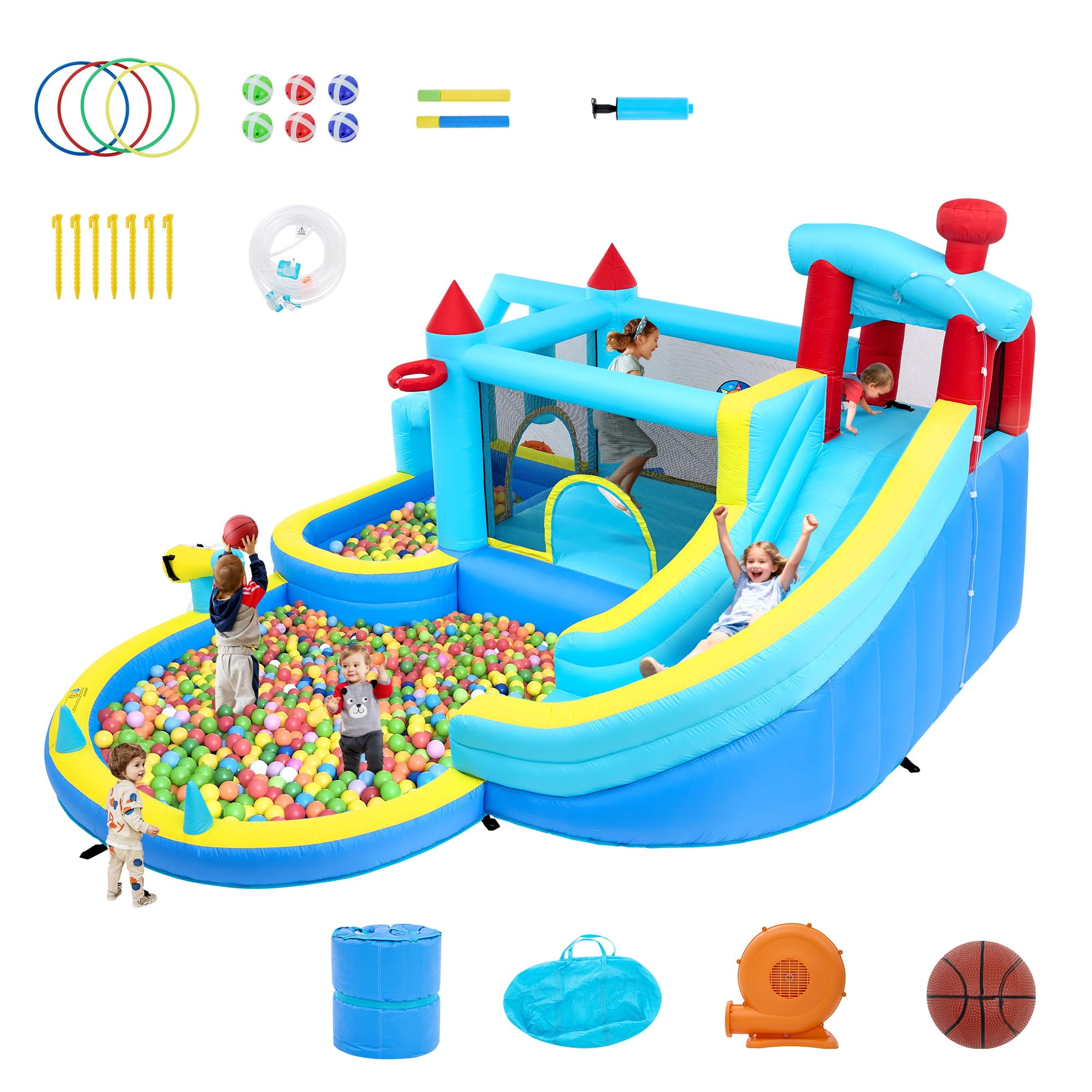 Inflatable Bounce House for Kids, Inflatable Water Slide with Blower, Climbing Wall, Jumping, Splash Pool, Basketball Hoop for Boys and Girls Indoor Outdoor Backyard