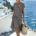 thumbnail image 5 of Gamivast Dresses for Women Linen Wrap V Neck Short Sleeve Midi Dress Tie Waist Flowy Sundress Casual Dress Beach Dress Vacation Dress Summer Gray XXL, 5 of 7