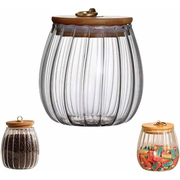Ribbed Glass Jar with Lid - Decorative Candy Dish with Airtight Wooden Lid, Small Candy Jar for Office Desk & Kitchen
