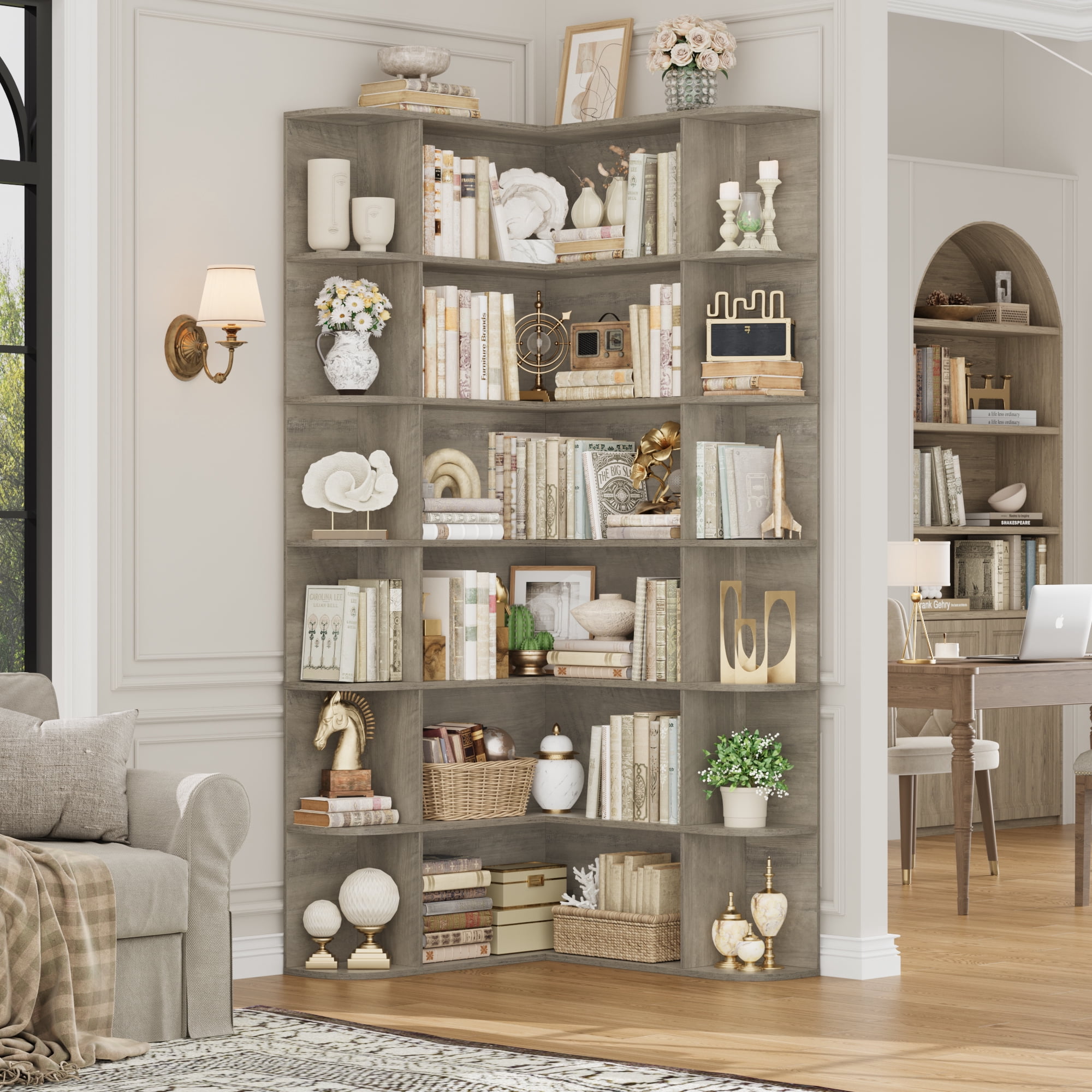 Homfa 73.9” Tall Corner Bookshelf, 6 Tier L-Shaped Large Display Bookcase with Curved Edges for Living Room Home Office Study, Gray