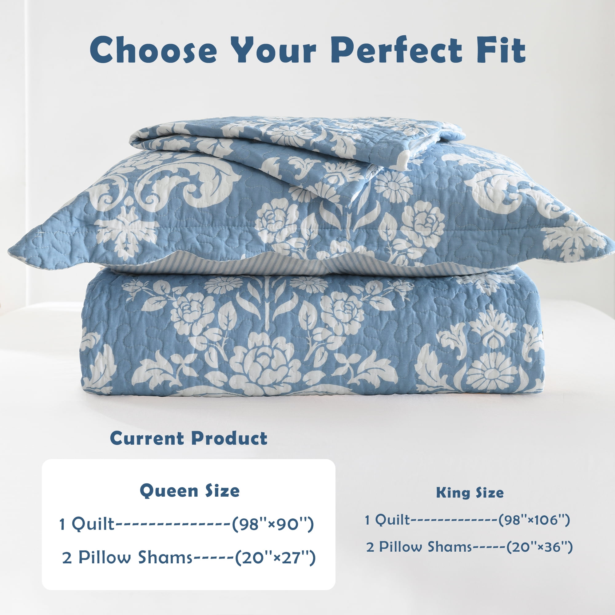Quilt Queen Size - 100% Cotton Reversible Lightweight Bedspread Set, Pre-Washed Farmhouse Bedding with Damask Floral Pattern, All Season 3-Piece Coverlet (Blue and White)