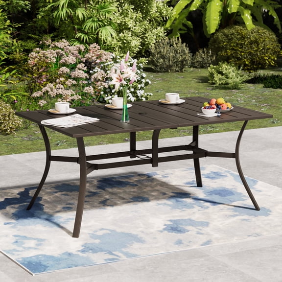 SKOK Outdoor Steel Rectangle Patio Dining Table for 6 with Umbrella Hole, Weather-Resistant, Rust-Proof, Heavy-Duty Metal