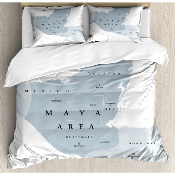 Cacun Duvet Cover Set Queen Size, Map with Informational Text of Cities and Borders in Charcoal Grey Tones, Decorative 3 Piece Bedding Set with 2 Pillow Shams, Pale Blue Grey White, by Ambesonne