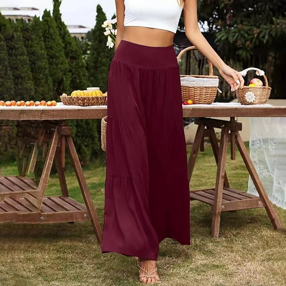 Lilgiuy Women's Fashion Casual High Waist Elastic Waist Solid Color Ruffle Wide Leg Long Pants for Office Work Business