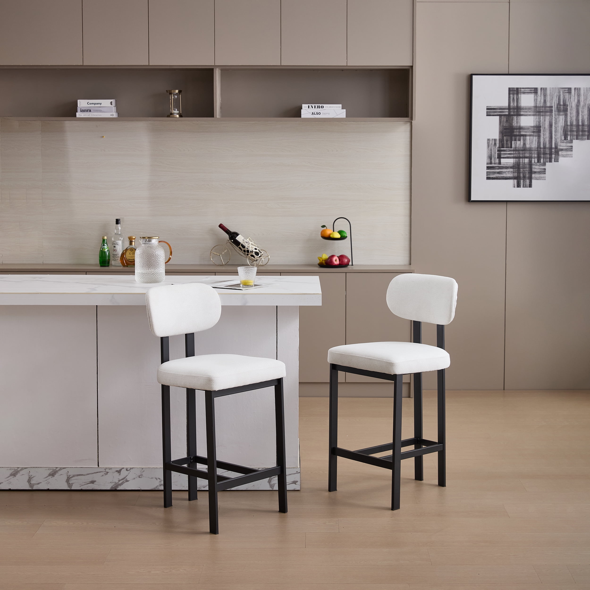 Upholstered Counter Height Bar Stools Set of 2 26 Inch with Plush Cream Fabric Cushion and Black Metal Legs for Kitchen Island