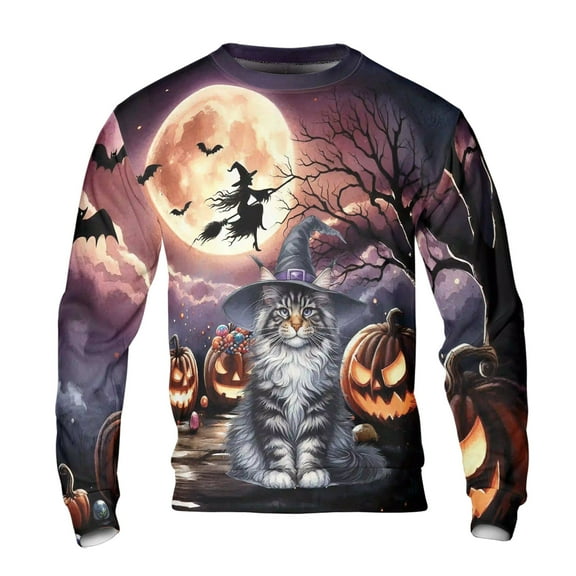 Spooky Halloween Night Witch Maine Coon Glowing Pumpkins All Over Print 3D Sweatshirt Unisex Merch Cat Lover Kitten Owner Gifts - 12015