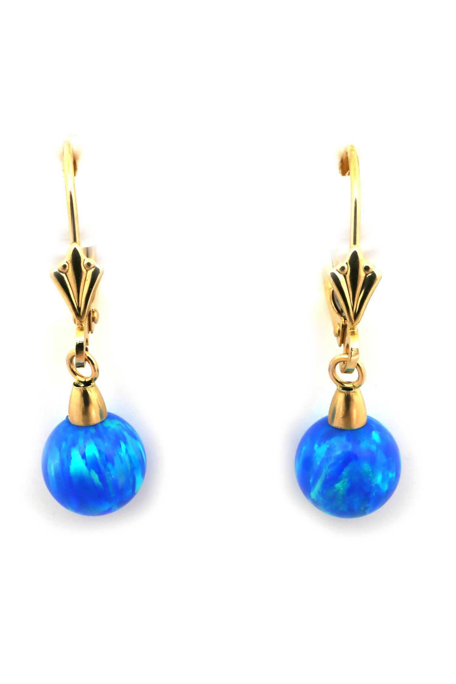 14k Yellow or White Gold 8mm White, Light Blue, Blue, Pink or Green Simulated Opal Dangle Leverback Earrings by