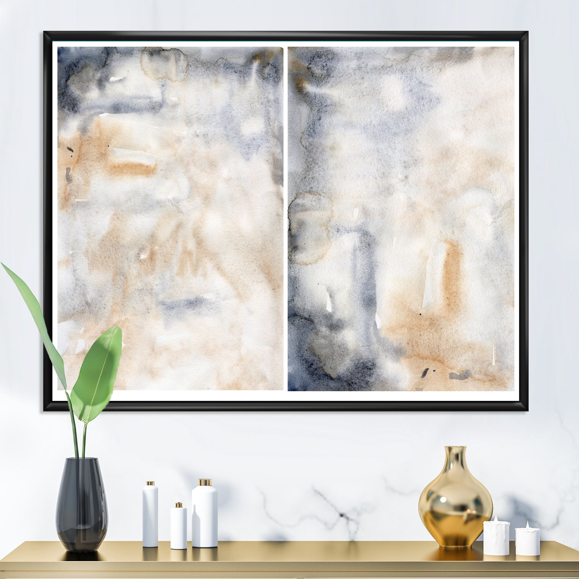 Designart 'Abstract Paste With Dark Blue and Beige' Modern Framed Canvas Wall Art Print