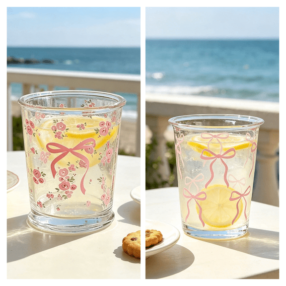 Elegant French Style Bow Tie Floral & Rose Flower Glass Cup - Transparent Glassware For Summer, Microwave-Safe Borosilicate Glass for Coffee, Latte, and Milk